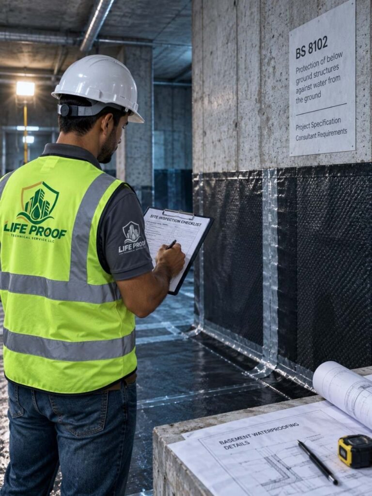 pre-applied waterproofing membrane installation basement Abu Dhabi