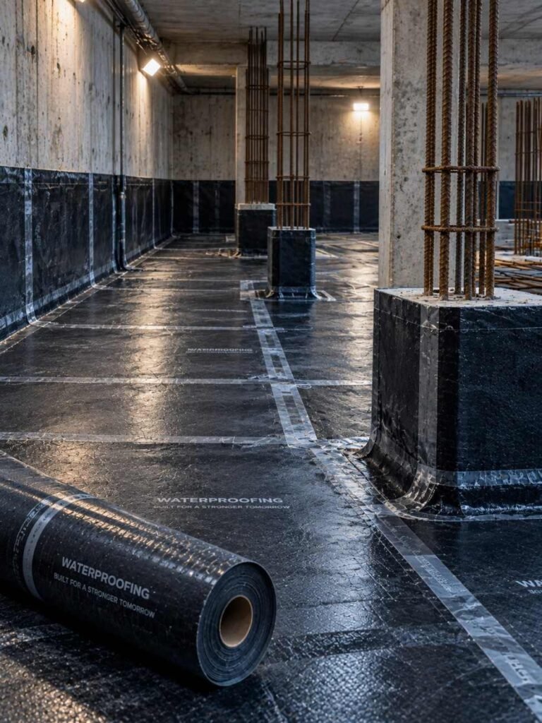 pre-applied waterproofing membrane installation basement Abu Dhabi